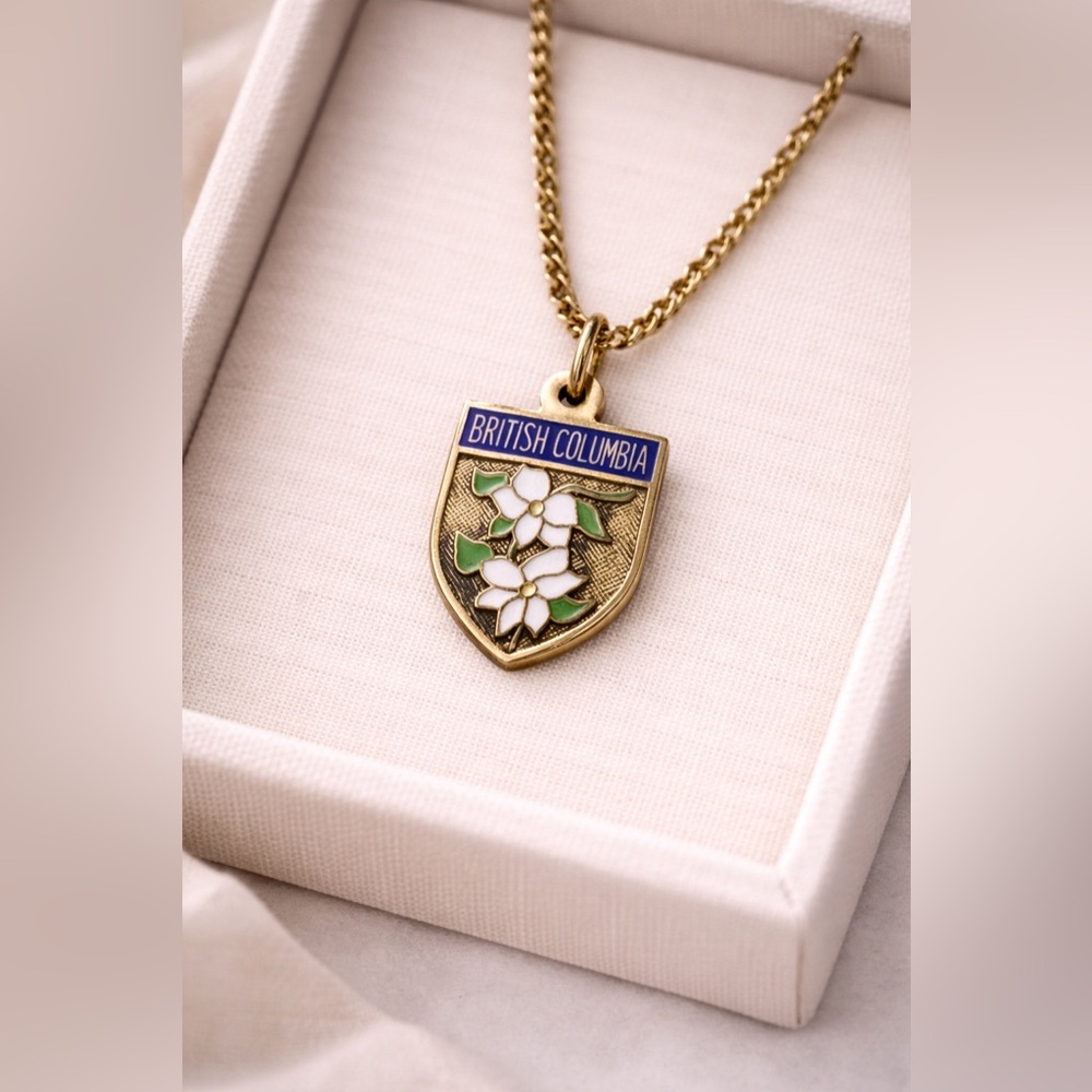Vintage British Columbia Enamel Dogwood Shield Necklace | Canada Souvenir Charm